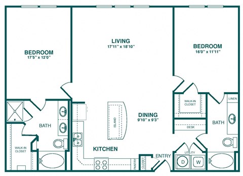 Floor plan for 2 beds, 2 baths, 1298 sqft